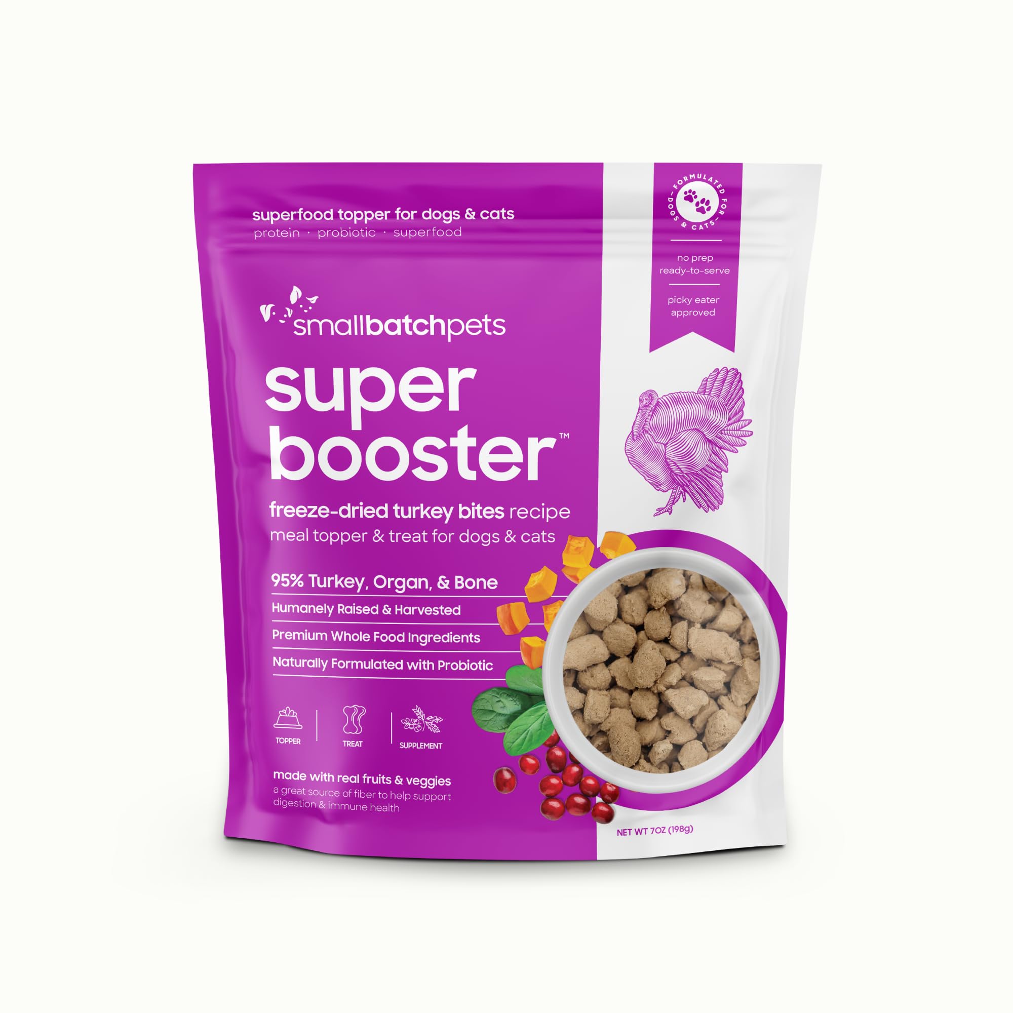 Freeze Dried Dog Treats, Superfood Food Topper Turkey Bites for Dogs & Cats, Probiotics, Organic Ingredients, High Protein, Grain Free Healthy Treat & Food Topper, Made in the USA, 7 oz Bag