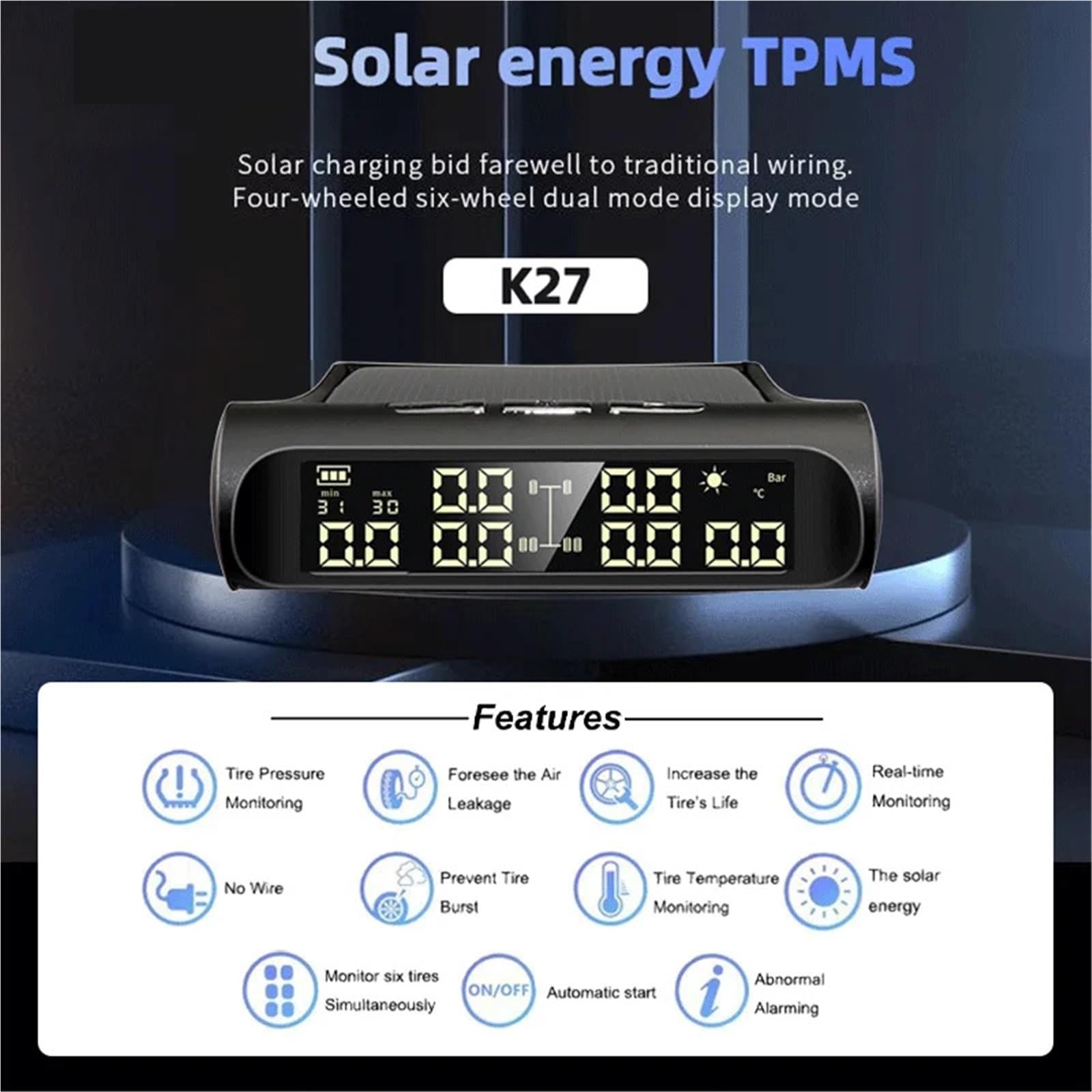 Cyfrowy miernik ciśnienia w oponach Solar TPMS 6 Zewnętrzne czujniki Wyświetlacz ciśnienia i temperatury w oponach Wsparcie alarmu bezpieczeństwa Samochody, kampery, pickupy | K27-6 Sensor