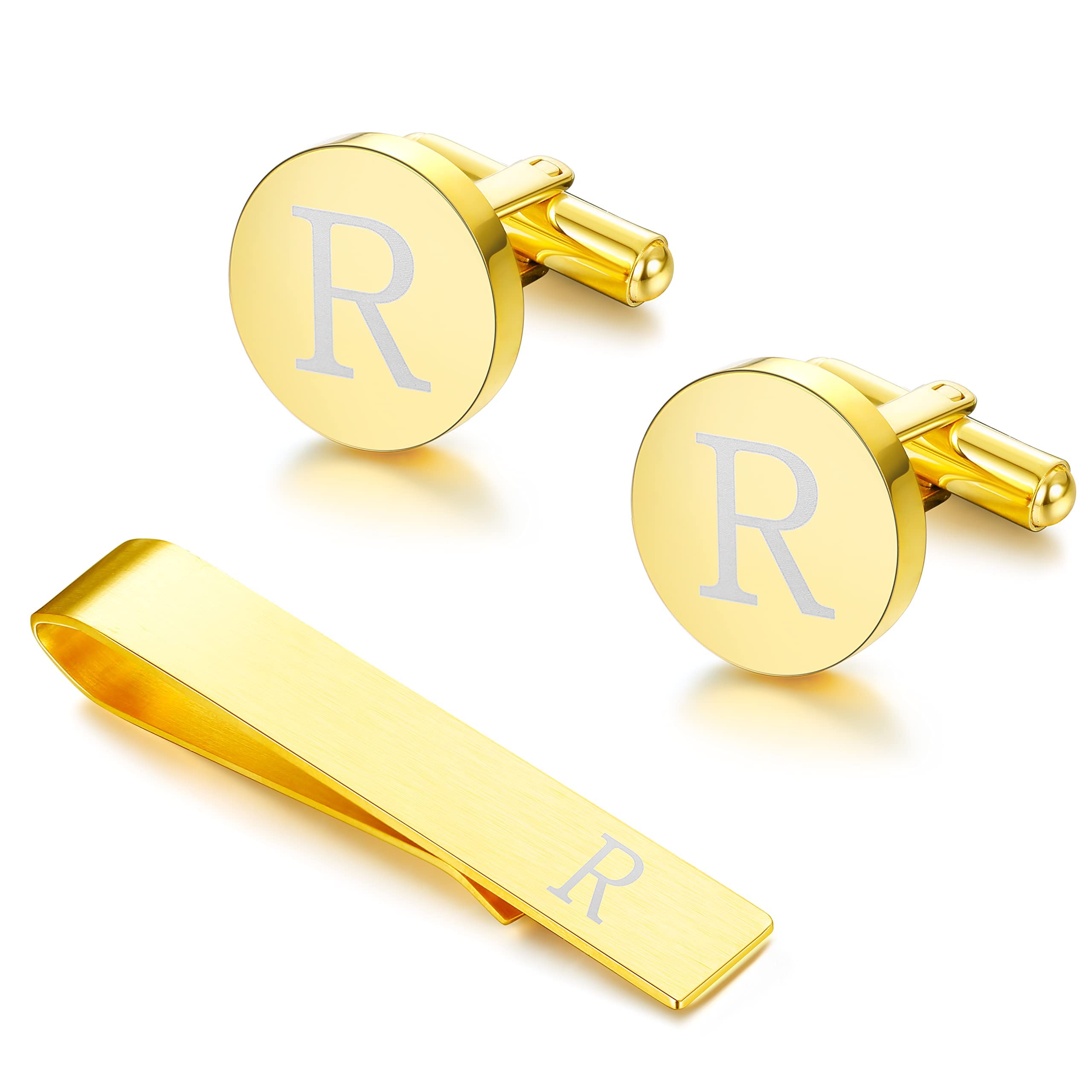 Diamday Initial Gemelos & Pasador de Corbata para Hombre Personalizada de oro de acero inoxidable Gemelos y Corbata Bar Letra del alfabeto A-Z Regalo con Caja para La Boda, Los Padrinos, Marido, Padre
