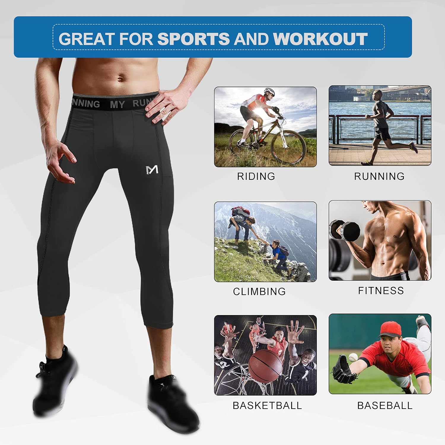 MEETYOO Men's 3/4 Compression Pants Leggings Tights, Cool Dry Sport Workout HeatGear Capri Base Layer - Image 5