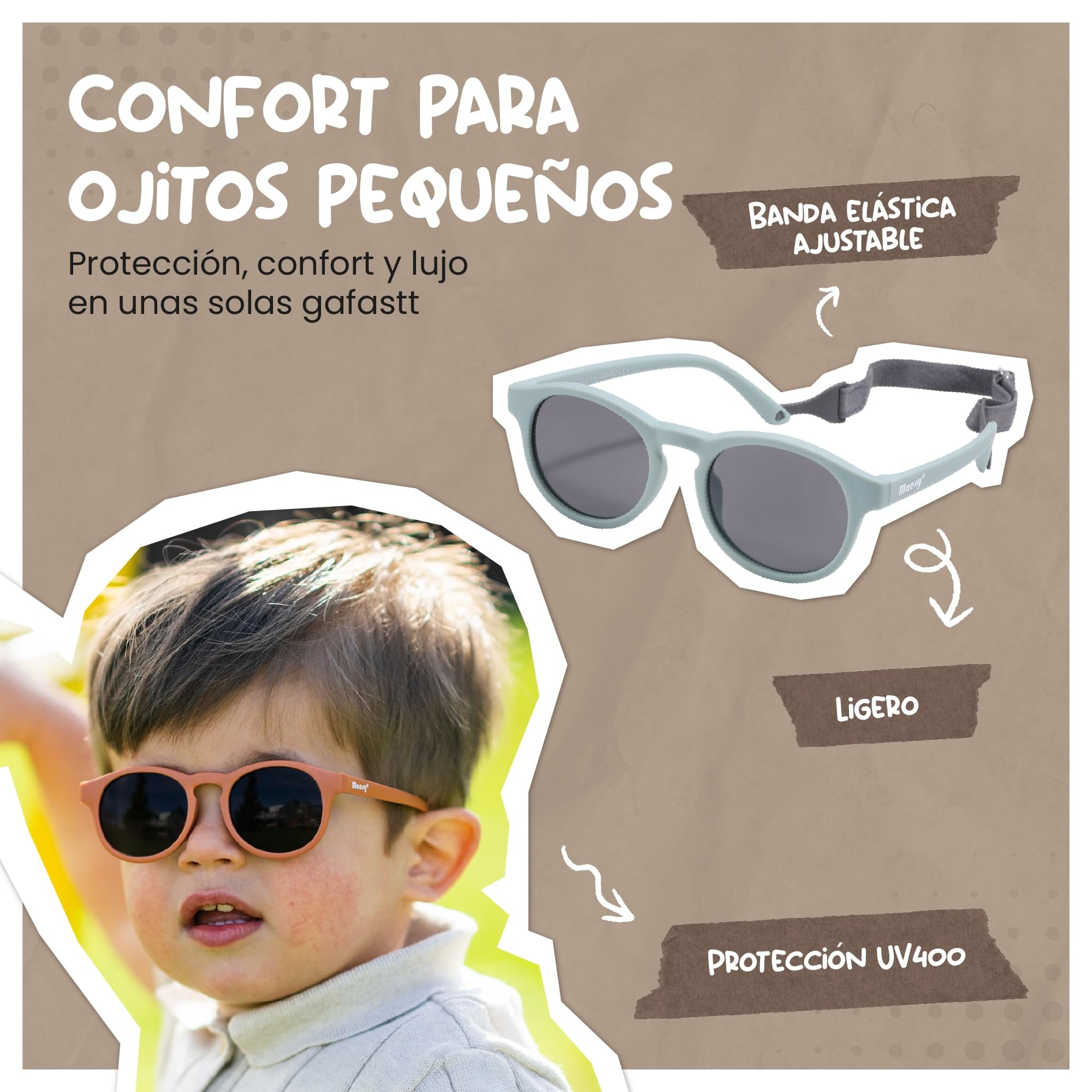 Gafas de Sol para Bebé y Niño, 1-3 Años, Protección Polarizada UV400, Montura Flexible y Blanda, Cinta Elástica Ajustable, Gafas de Sol Seguras y Cómodas para Niños, Bowi