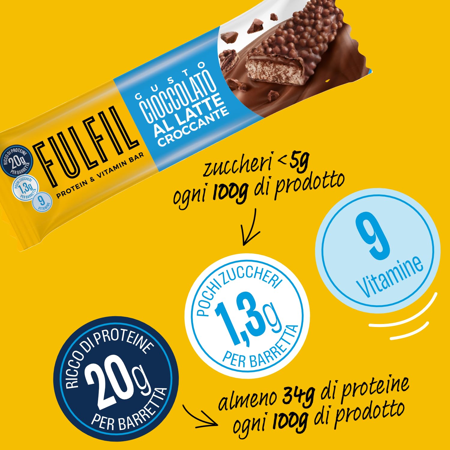 FULFIL - 15 Barrette Proteiche da 55 Grammi, Gusto Cioccolato Croccante al Latte con 9 Vitamine e Pochi Zuccheri, Confezione da 825 Grammi