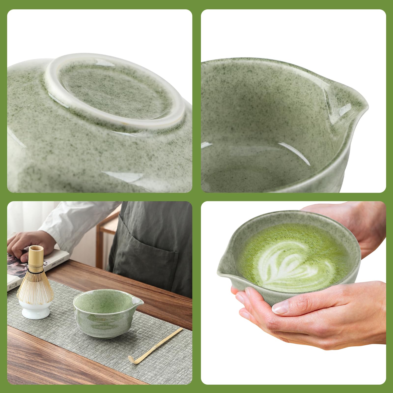Matcha Set 6-teilig, Japanisches Matcha Tee Set mit Keramikschale mit Ausgießer, Bambusbesen, Besenhalter, Edelstahl-Sieb, Bambuslöffel, Traditionelles Matcha Starter Set für Teezeremonien
