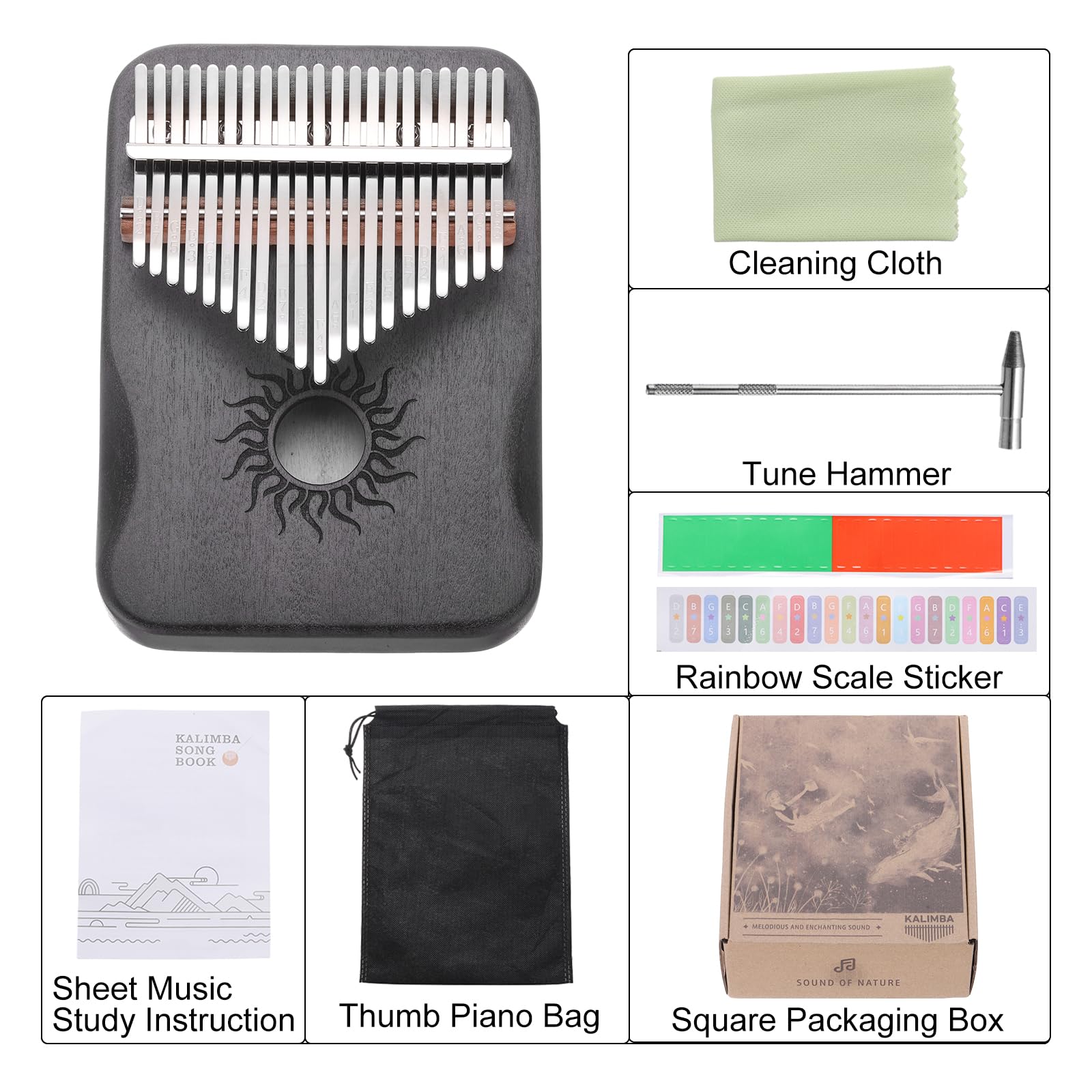 QUARKZMAN Pianoforte Pollice 21 Tasti, Mini Pianoforte Portatile Marrone Scuro Legno d'Acero con Motivo Solare con Borsa Protettiva, Martello Accordare, Istruzioni per Studio Spartiti Adulti