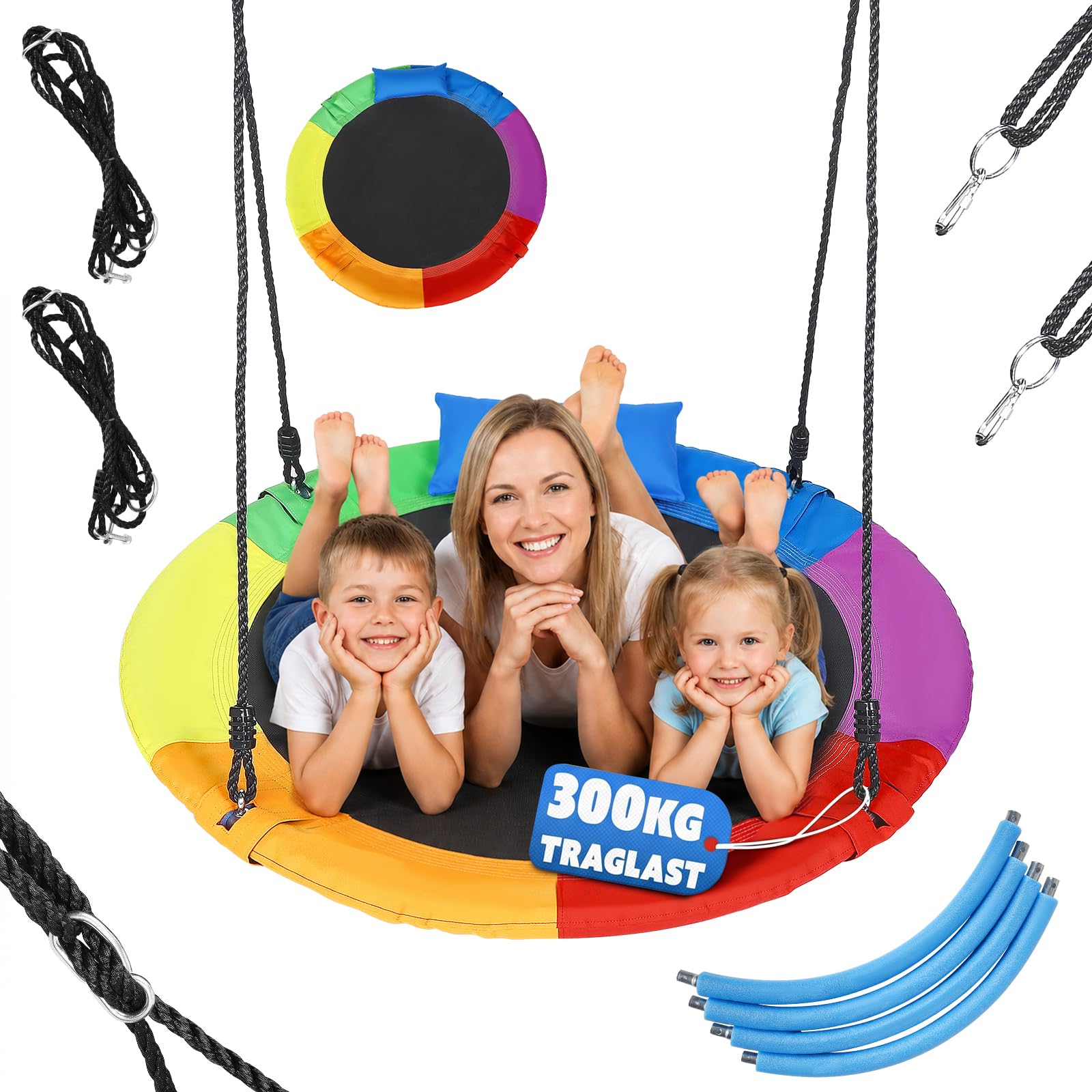 Columpio para nido de 100 cm, columpio redondo, soporta hasta 300 kg, con cojín, para interiores y exteriores, para niños y adultos