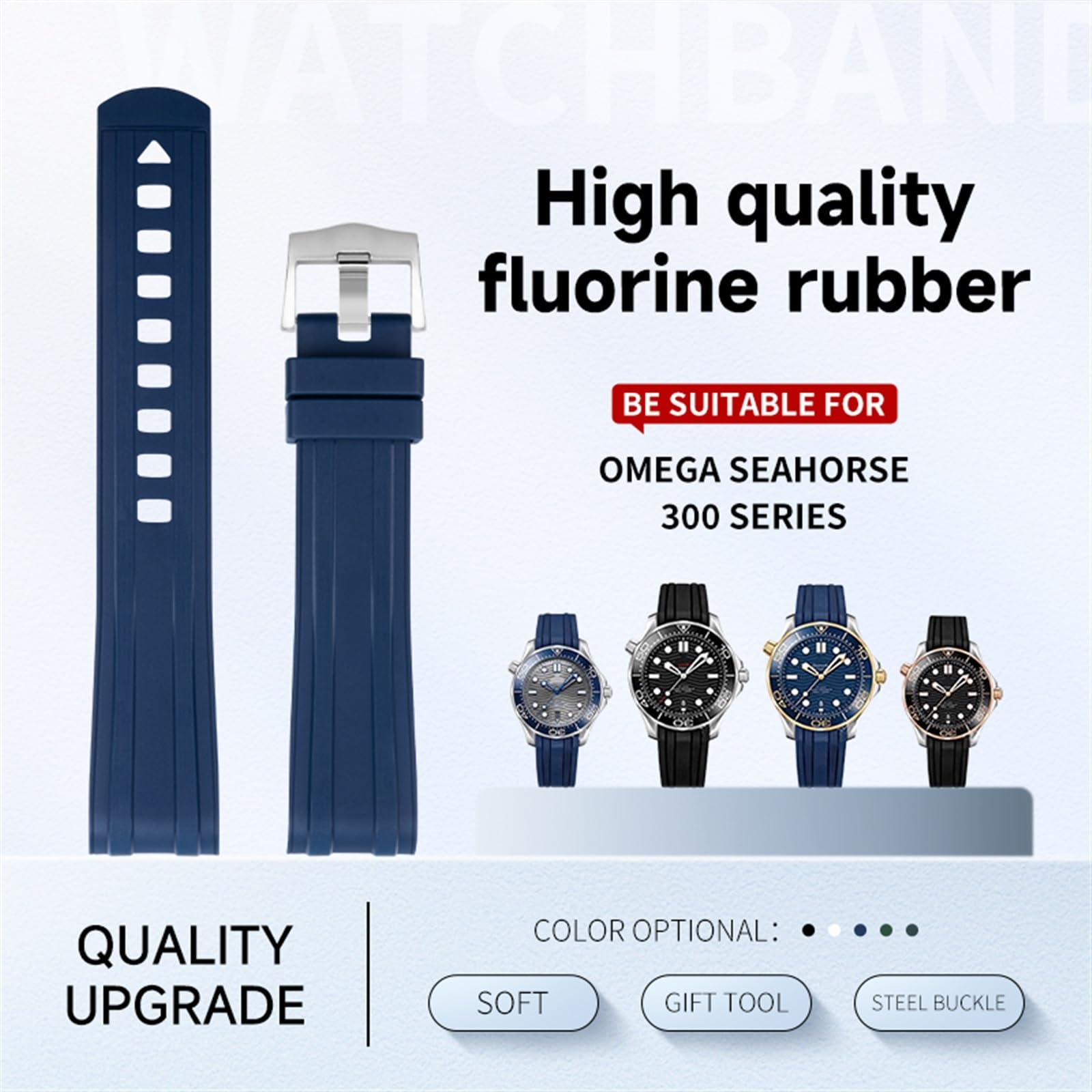 TOPBD For Omega Seamaster New 300 Diving Watchbands Bracelets Pin Buckle 20mm Curved End Quality Fluoro Rubber Watch Band FKM Men's Watch Bands (Blue, 20MM)