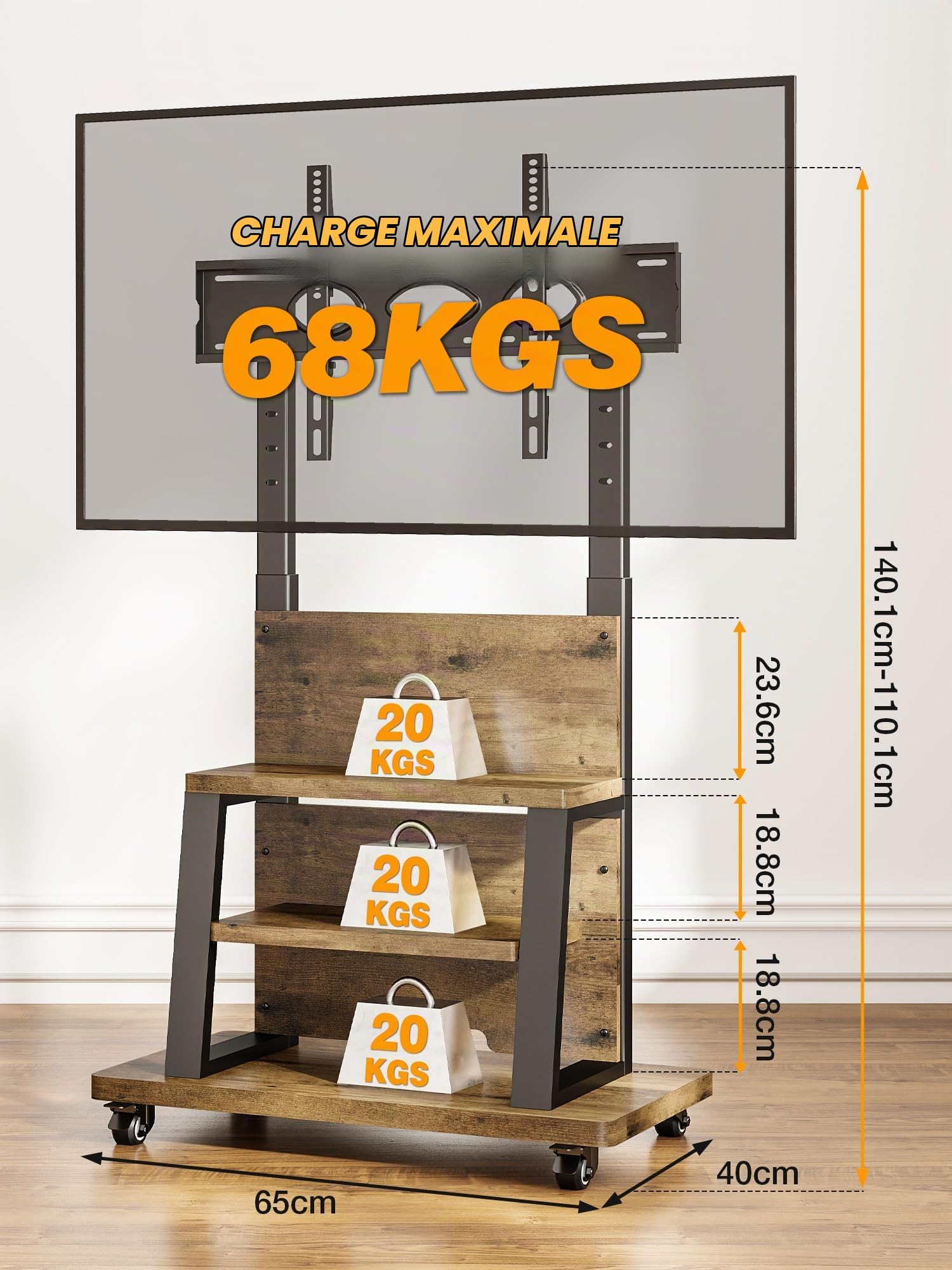 Support de télévision Roulant avec roulettes pour écrans de 32 à 75 Pouces, Support TV Roulette et Grand Espace de Stockage – Support TV sur Pied réglable en Hauteur, avec Une capacité Max de 68 kg