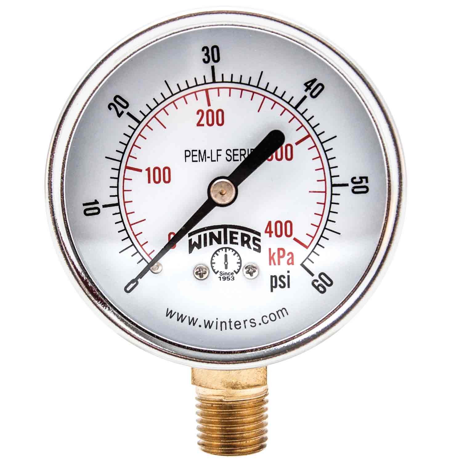 Winters 2-1/2 inch Dial Size, Economy Utility Pressure Gauge, Potable Brass Internals, Steel Case, Dual Scale 0-100 psi/kPa, 3-2-3% Accuracy, 1/4 inch NPT Bottom Mount, Drinking Water Pressure Gauge