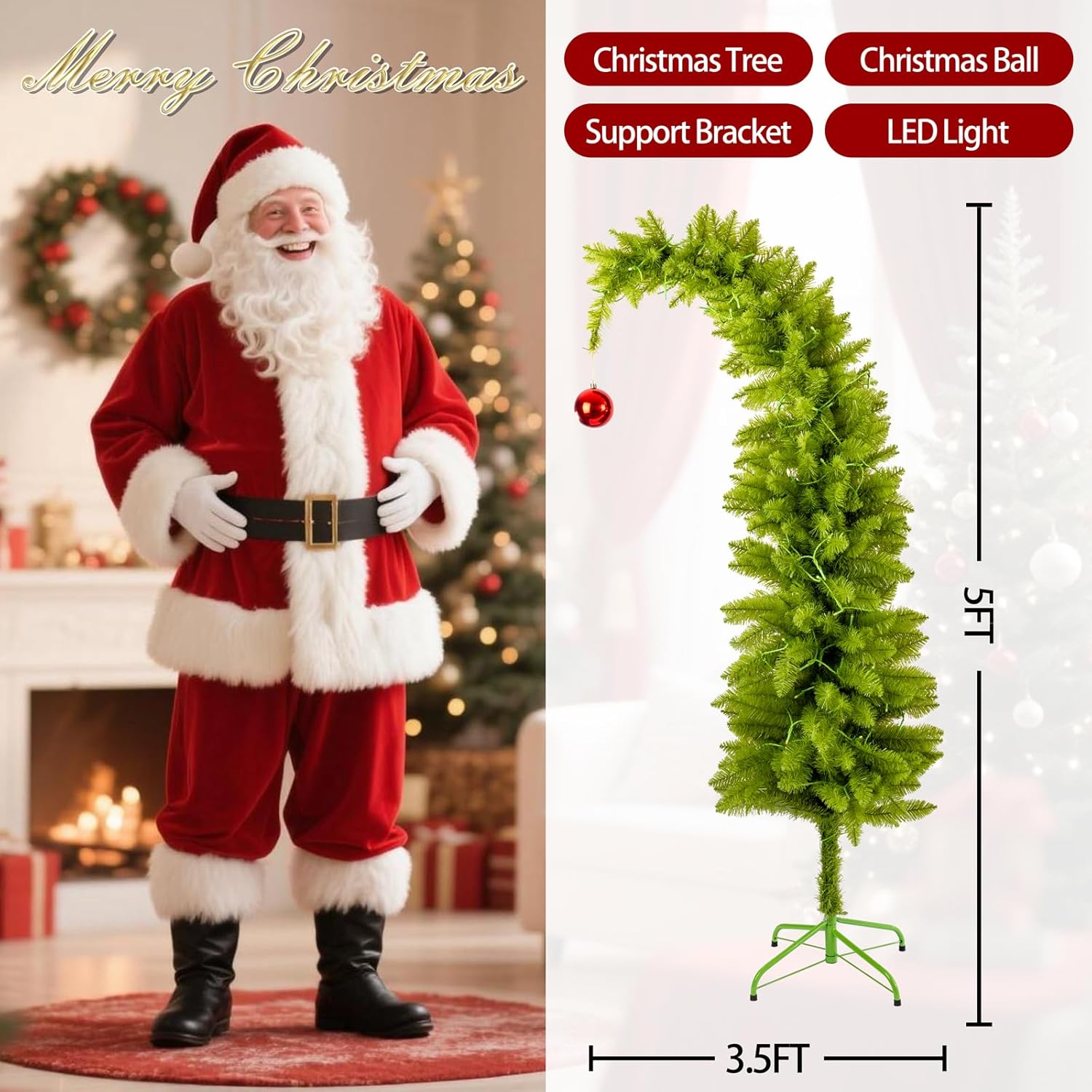 5 FT Christmas Tree - Whimsical Bendable Artificial Tree - Lime Green Design with Red Ball - Christmas Indoor Outdoor Decorations for Xmas Party