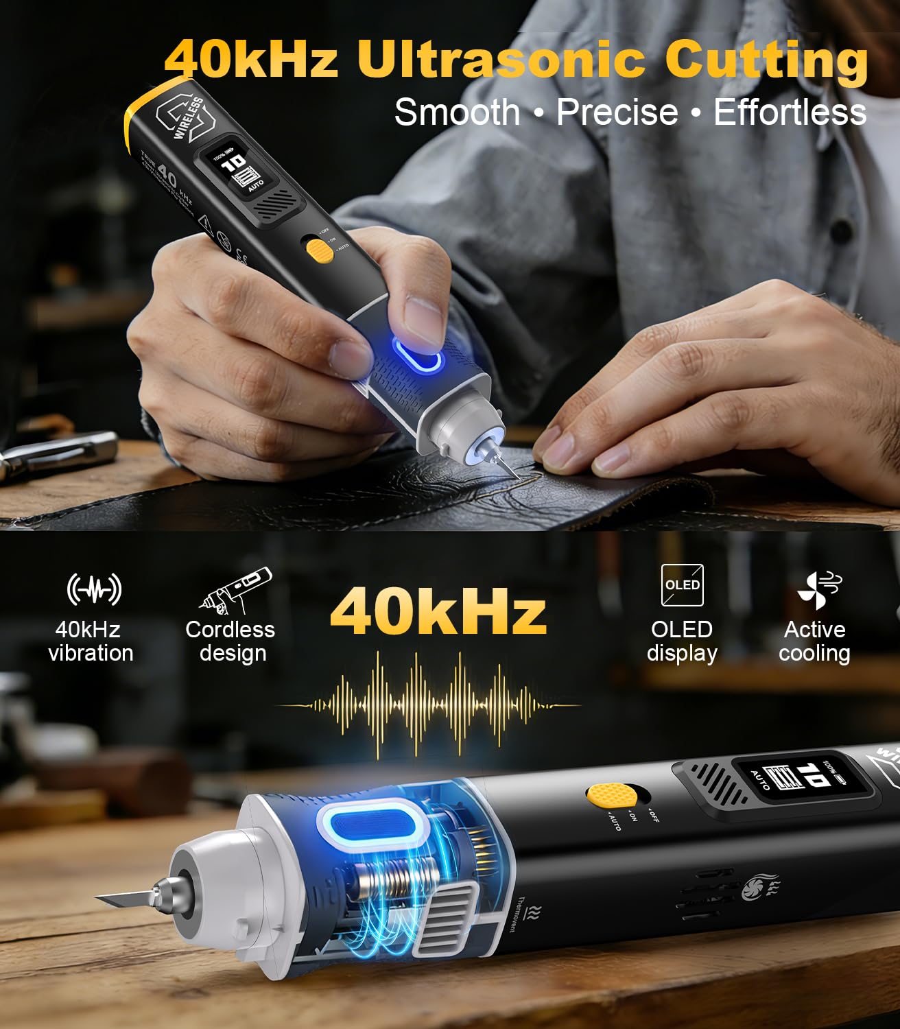 Wireless Ultrasonic Cutter, Ultraschall Messer mit 50 Klingen, Tragbarer professioneller Ultraschallschneider für 3D-Druck, 40 kHz Handgeführter Ultraschallschneider für Holzbearbeitung