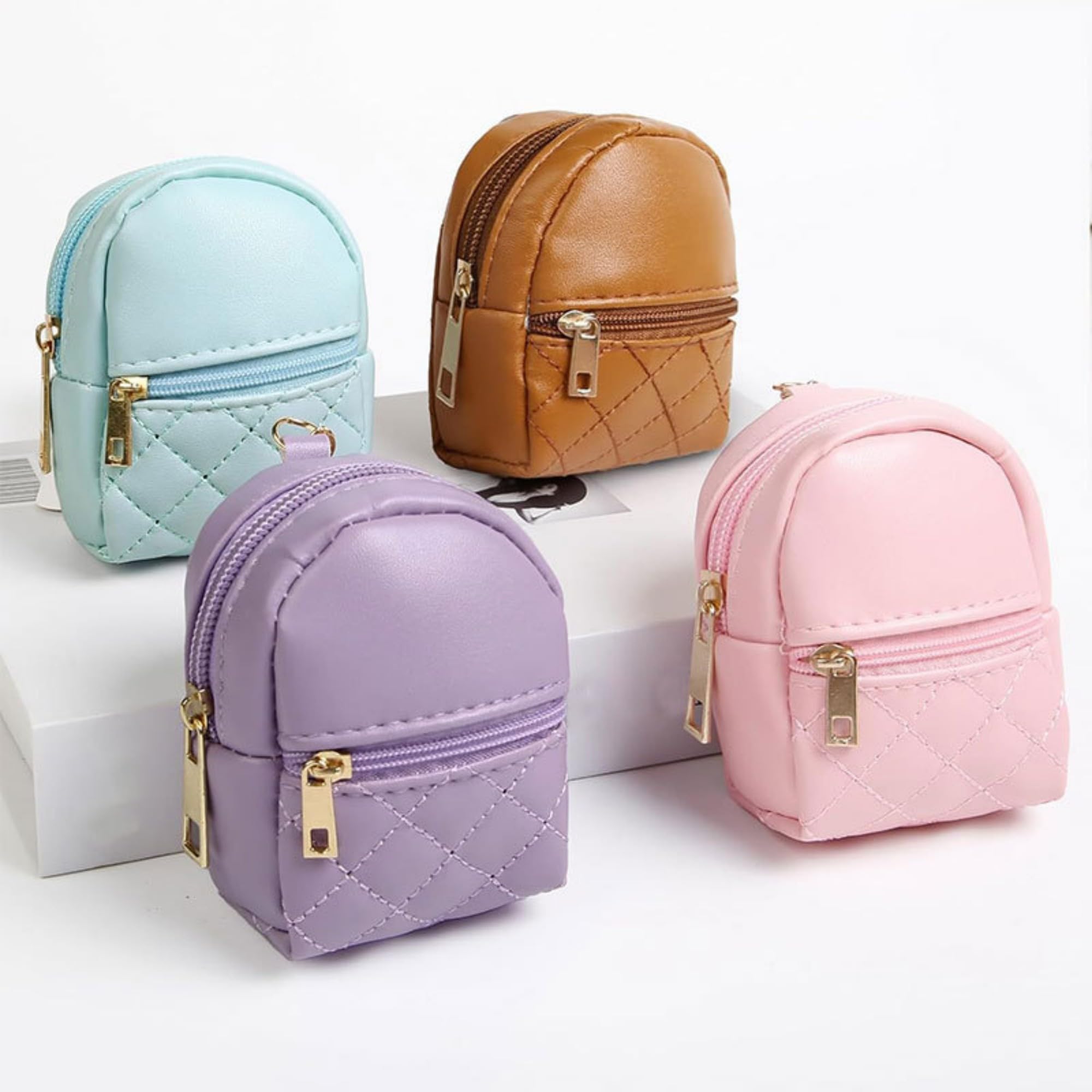 Mini Backpack Keychain Bag Cute Cosmetic Bag for Women PU Leather Makeup Bag Key Pocket Lipstick Bag Card Holder Data Cable Organizer Zipper Pouch (Brown) - Image 2