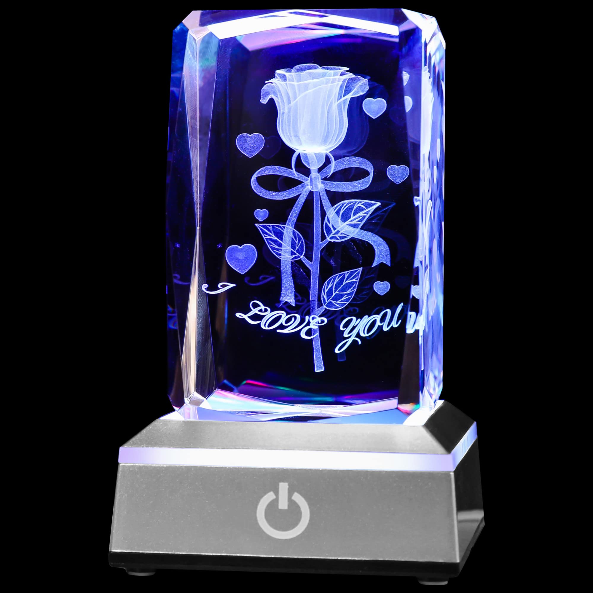 pinyan 3D Rose Crystal with LED Colourful Light Base,Unique Gifts Her for Valentine's Birthday Wedding,Romantic Anniversary Present with Girlfriend Wife Mom Women I Love You Night Light(Ribbon Rose)