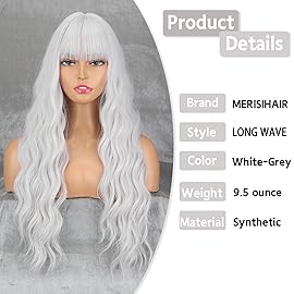 MERISIHAIR Long Silver White Hair Wigs for Women Synthetic Platinum White Wig with Bangs Wavy Costume Cosplay Wig For Girls Daily Use Wear, Halloween & Cosplay