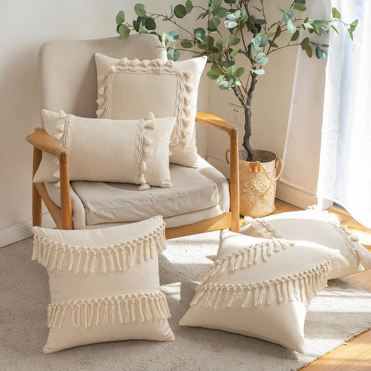 LOOPUINHOM Boho Tufted Pillow Covers 18x18 Inch With Tassels - Beige Bohemian Couch & Bed Decor - View #3