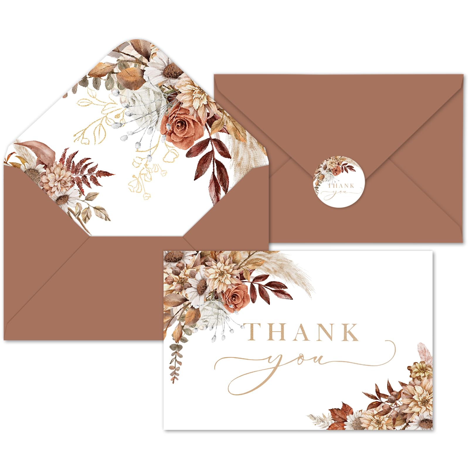 Whaline 50 Pack Boho Floral Thank You Cards Boxed Retro Flower Note Cards with Envelopes Stickers Fall Blank Card for Thanksgiving Bridal Shower Baby