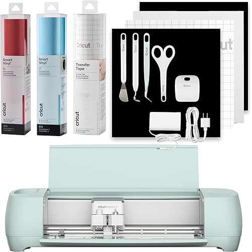 Cricut Explore 3 Smart Cutting Machine - Smart Vinyl Bundle, Includes 5-Piece Tool Set, Transfer Tape, Smart Removable Vinyl (Red), & Smart Permanent Shimmer Vinyl (Blue)