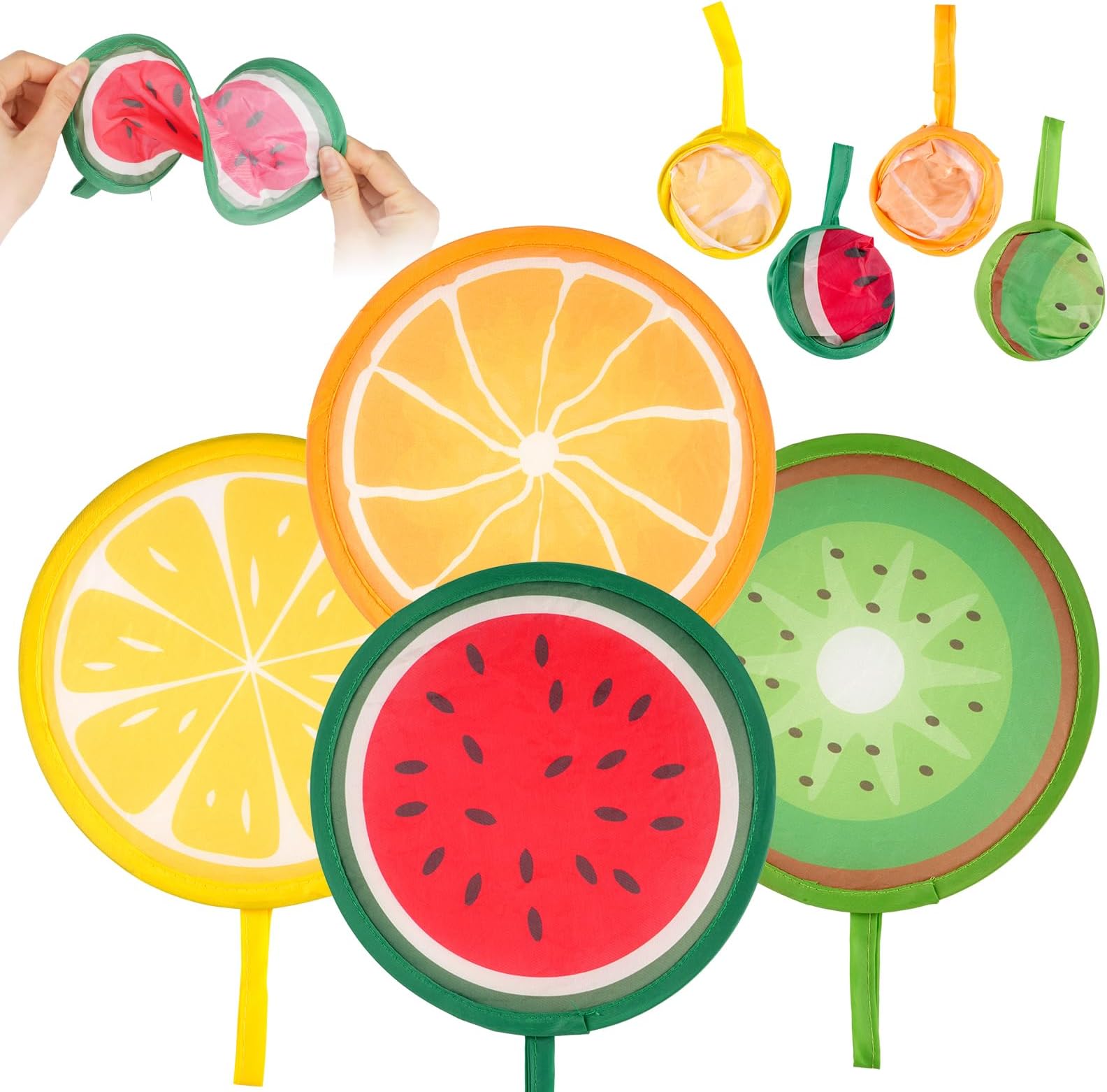 Foldable Fan, 4 Pcs Round Handheld Folding Fan, Portable Fruit Fan with Beautiful Patterns, Summer Folding Handheld Fan for Party, Wedding, Cooling, Outdoor Games
