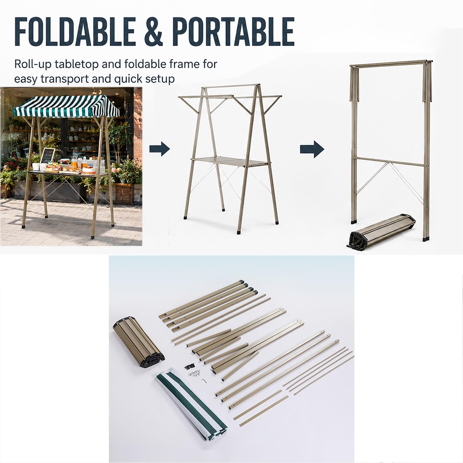 Puesto de Venta Plegable con Toldo, Puesto Ambulante Resistente para Mercado Agrícola, Stand de Venta con Mesa – Puesto para Ferias Exterior(130x60x200cm/51x24x79in)