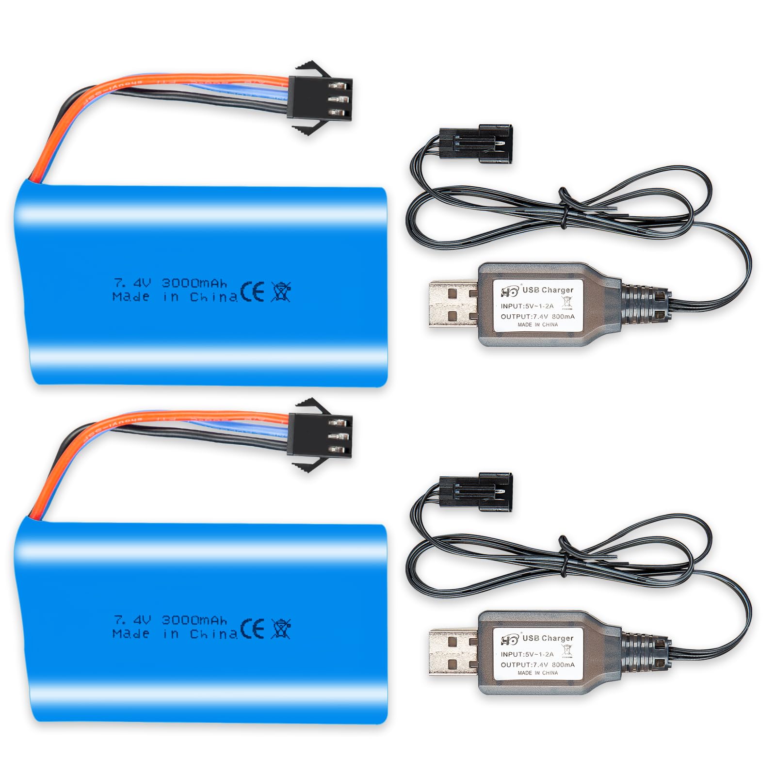 2PCS 7.4V 3000mAh 15C SM-3P Rechargeable Batteries, 2S SM3P Batteries With 2 USB Chargers Suitable for RC Cars Remote Control Trucks Tanks