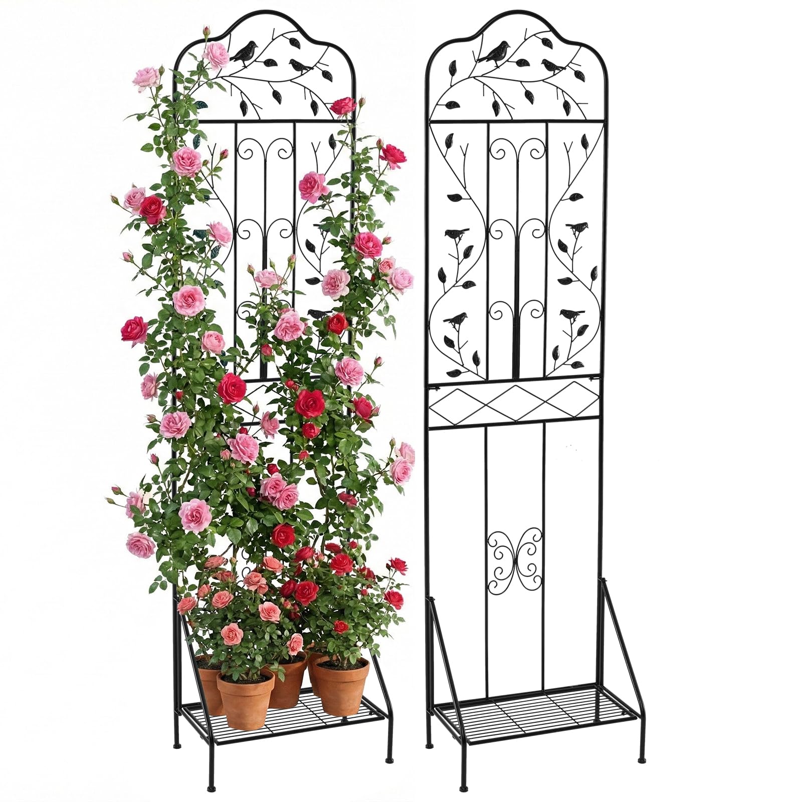 TANGZON 1.9M Tall Garden Trellis, 1/2 Pack Heavy Duty Metal Frame Panels with Foldable Shelf, Anti-Tipping Device & Ground Stakes, Decorative Trellis Panels Climbing Plant Support Stand (2PCS, Black)