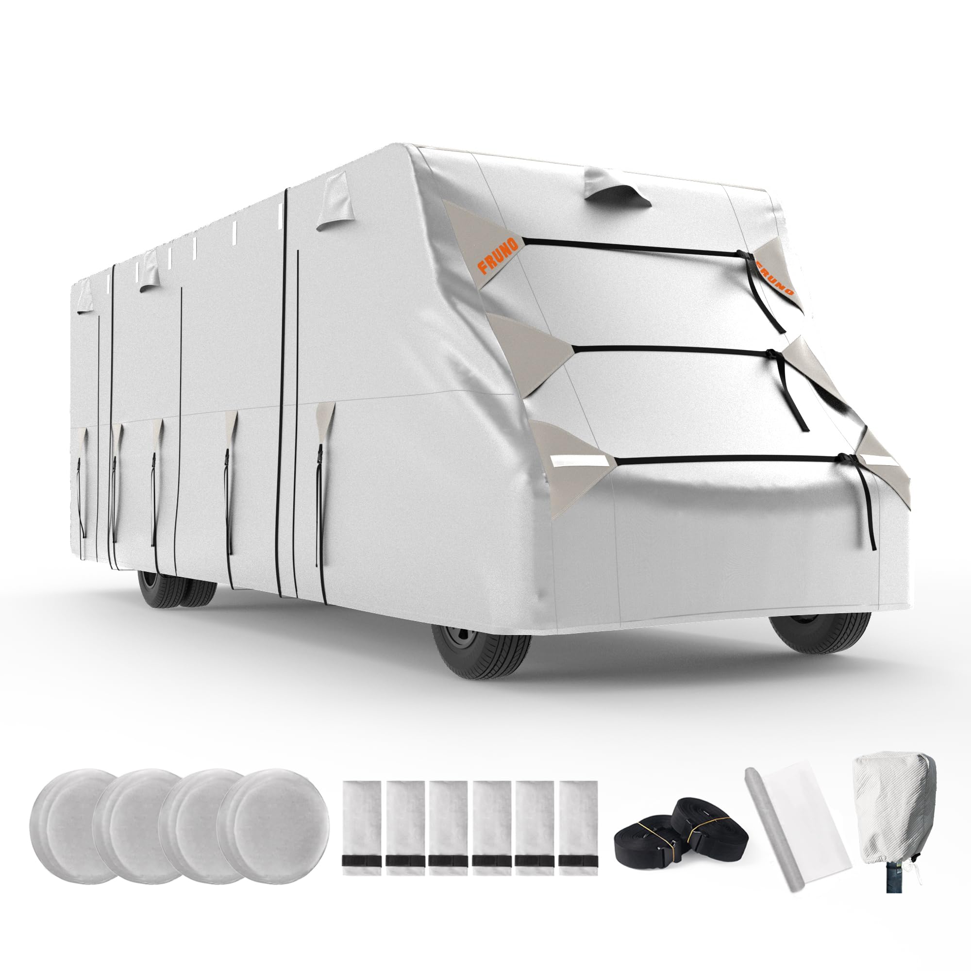 Oxford Cloth Class C RV Cover Fits 23'-26' Waterproof Rip-Resistant Anti-UV Motorhome Camper Cover for Winter Snow with Jack Cover 4 Tire Covers and Gutter Covers