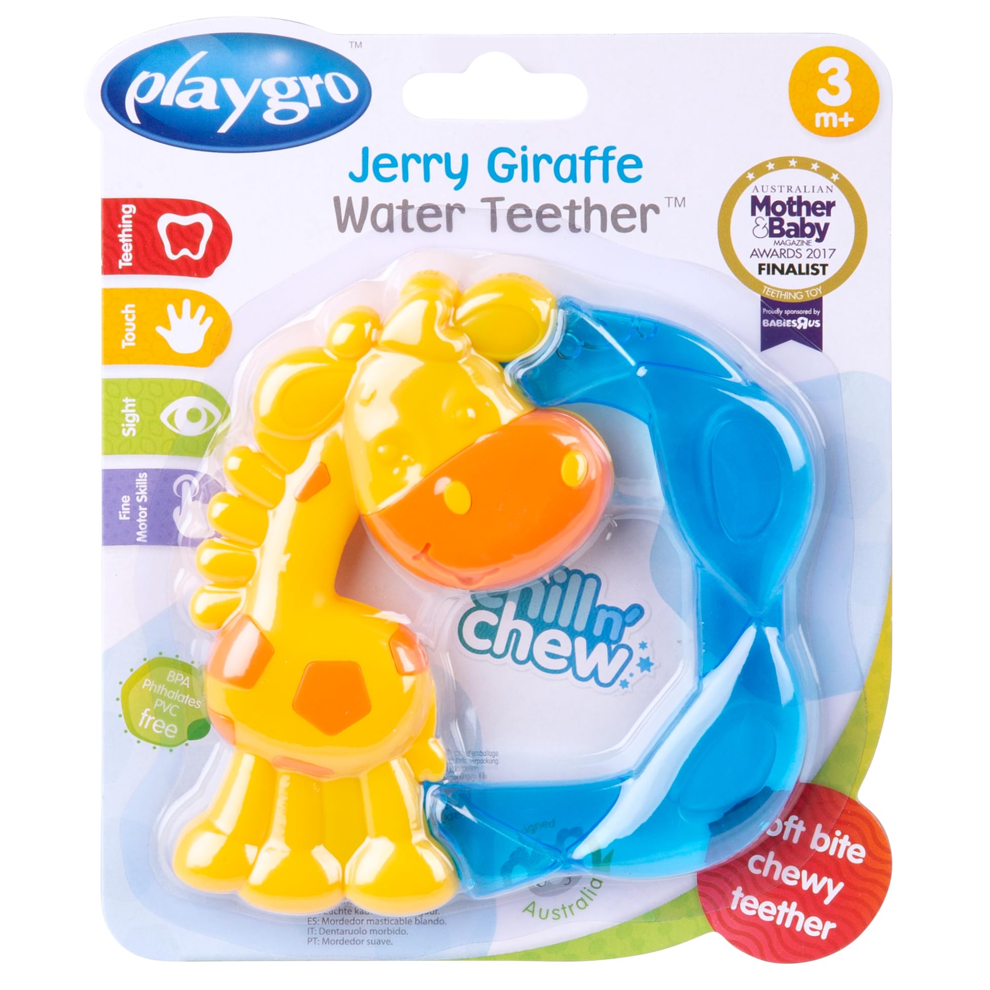 Playgro 0186336 Jerry Żyrafa chłodziwo gryzak, żółty/niebieski, mały