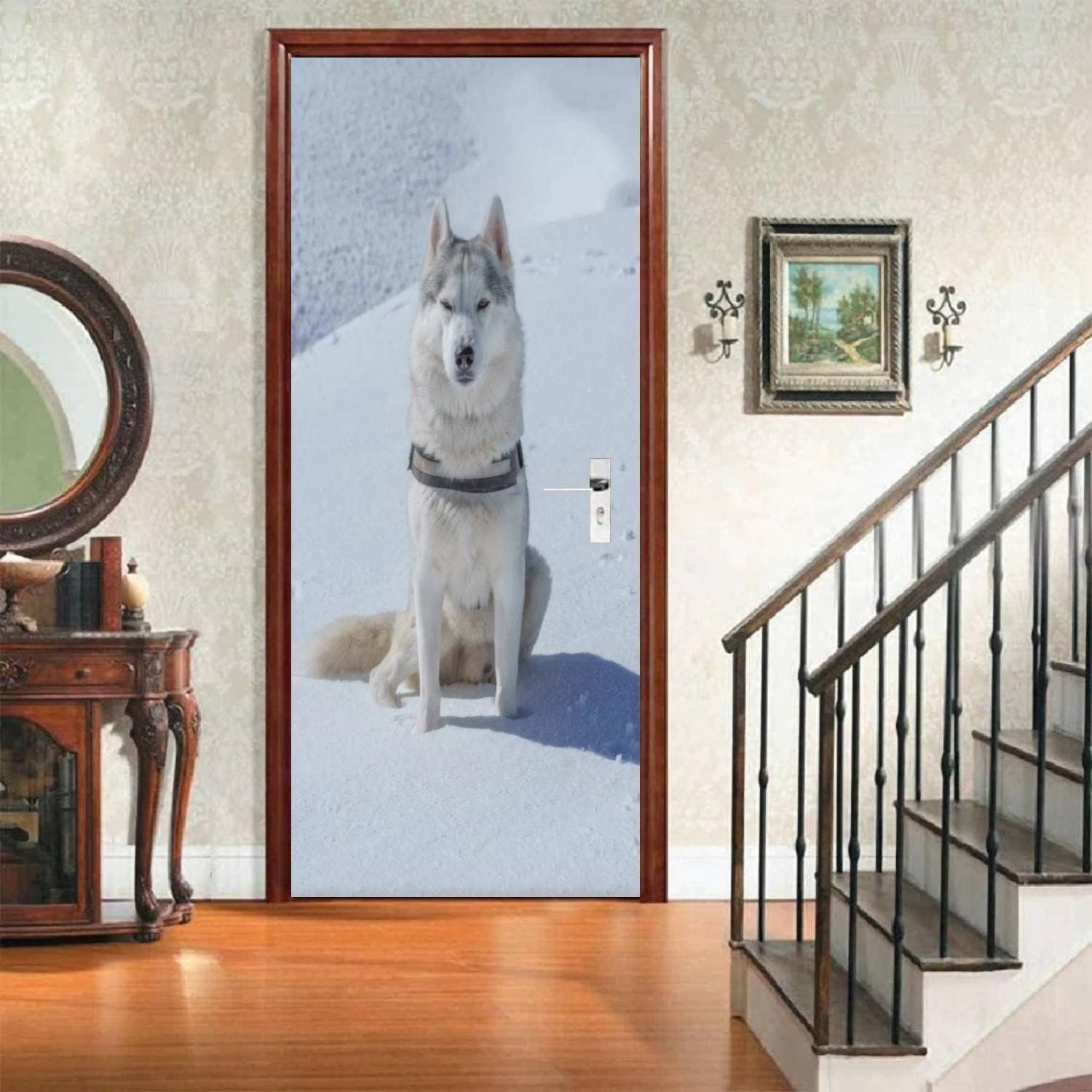 Fykjgs Modern Dog Door Stickers for Interior Doors Winter Snow Scene 3D Door Decals Art Sticker Self Adhesive Door Murals for Bedrooms Living Room Bathroom Home Decor G350?90x210 cm?