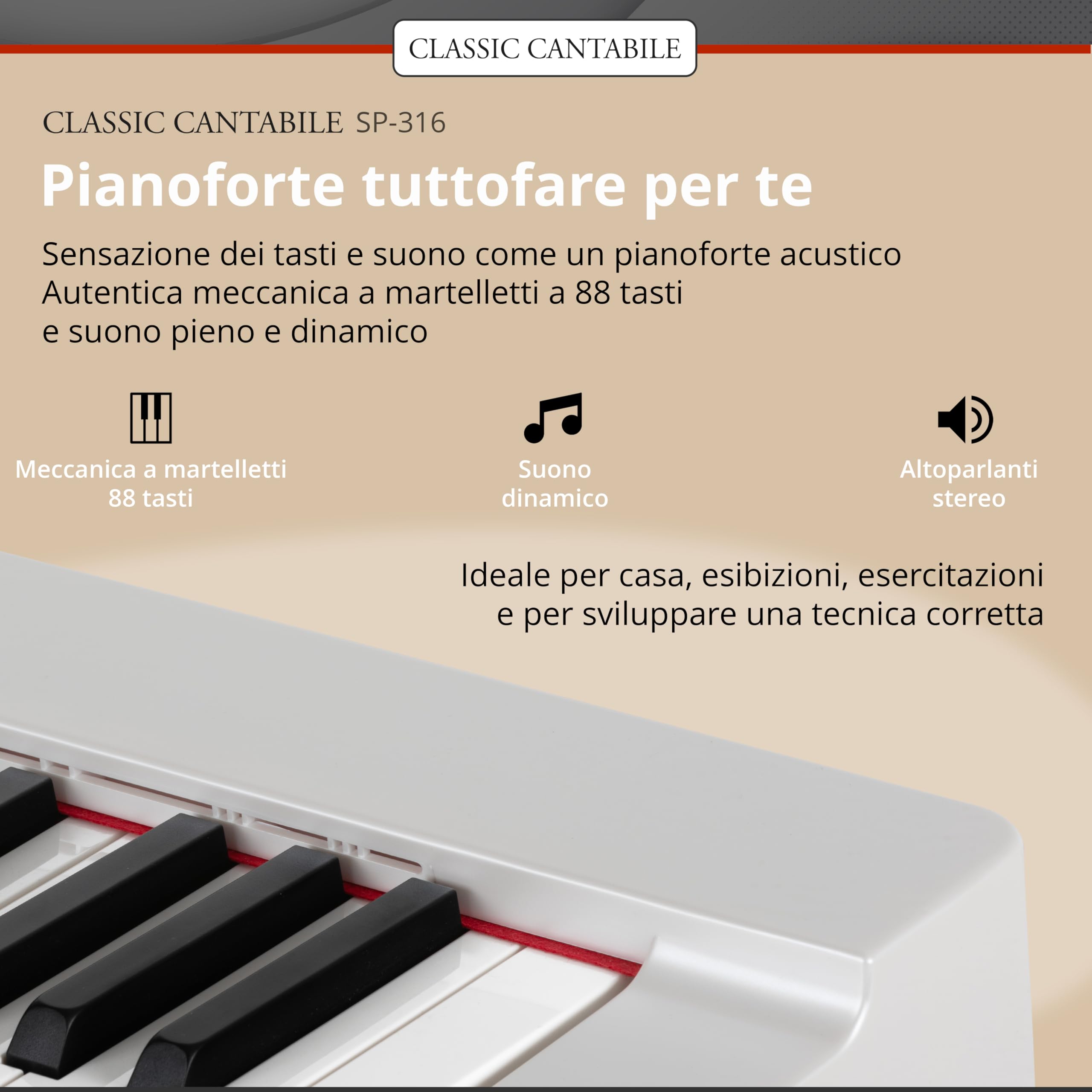 Classic Cantabile SP-316 Piano: 88 tasti pesati a martelletto, DAAS-sampling, polifonia 128 voci, altoparlanti integrati, 20 timbri, Bluetooth. Pianoforte digitale con pedale e alimentatore — Bianco