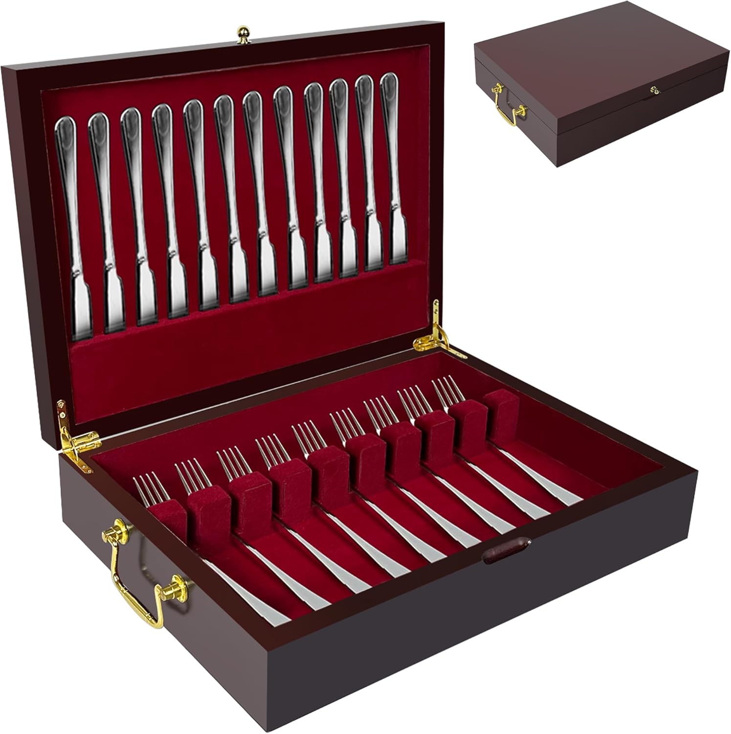 Silverware Storage Box Solid Wood with Lid, Silverware Organizer with Handle and Felt Lined, Silverware Storage Chest for Flatware and Utensils Home Decor Gift, Chest for Flatware Setting Up 15