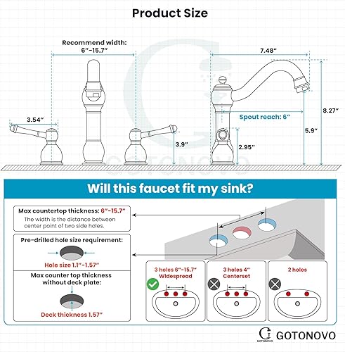 Miniatura 4 de gotonovo Grifos de baño generalizados de 8 pulgadas para fregadero de 3 agujeros, 2 manijas de palanca, montaje en cubierta con drenaje emergente,