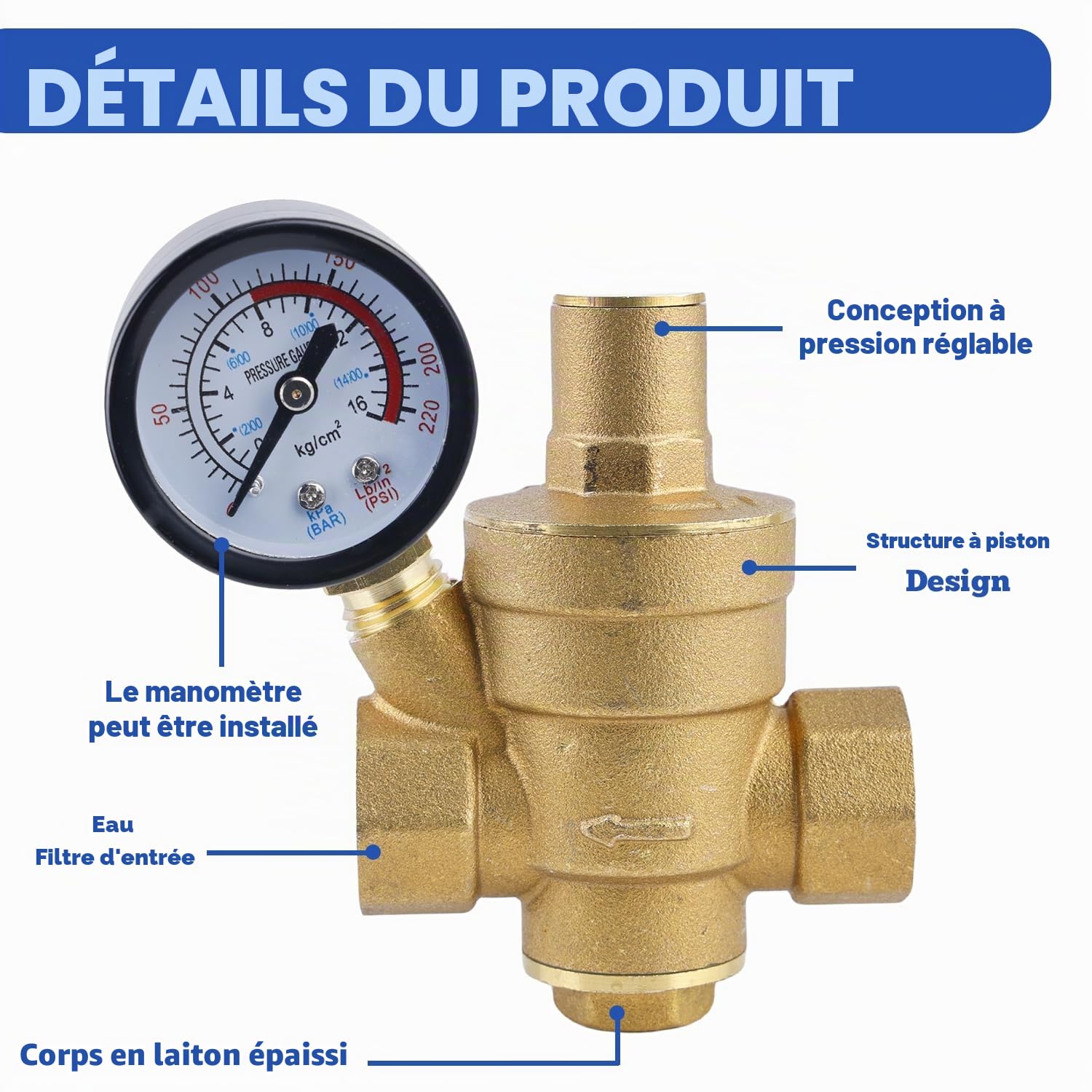 Réducteur de pression d'eau 1/2 pouce DN15, avec manomètre et soupape de réduction de pression