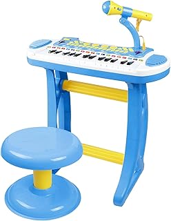 Qaba 31-Key Kids Toy Keyboard Piano, Electronic Musical Instrument with Multiple Sounds, Stool, Microphone and Bright Flashing Lights, Birthday Gift for boy and Girl, Blue