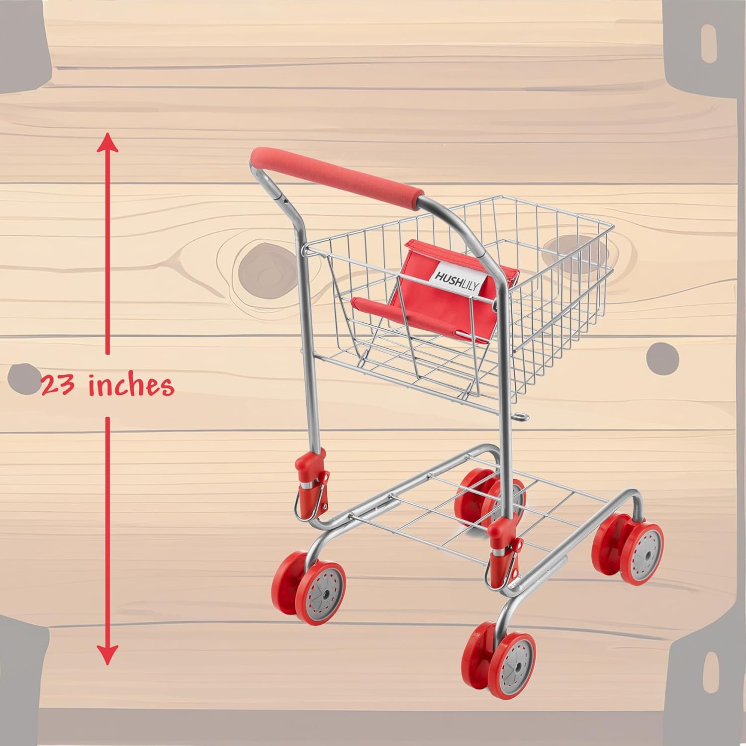 Toy Shopping Cart for Kids, Toy Grocery Cart for Toddlers 3 Years and up, Shopping Cart Toy Foldable, Metal Frame, Red