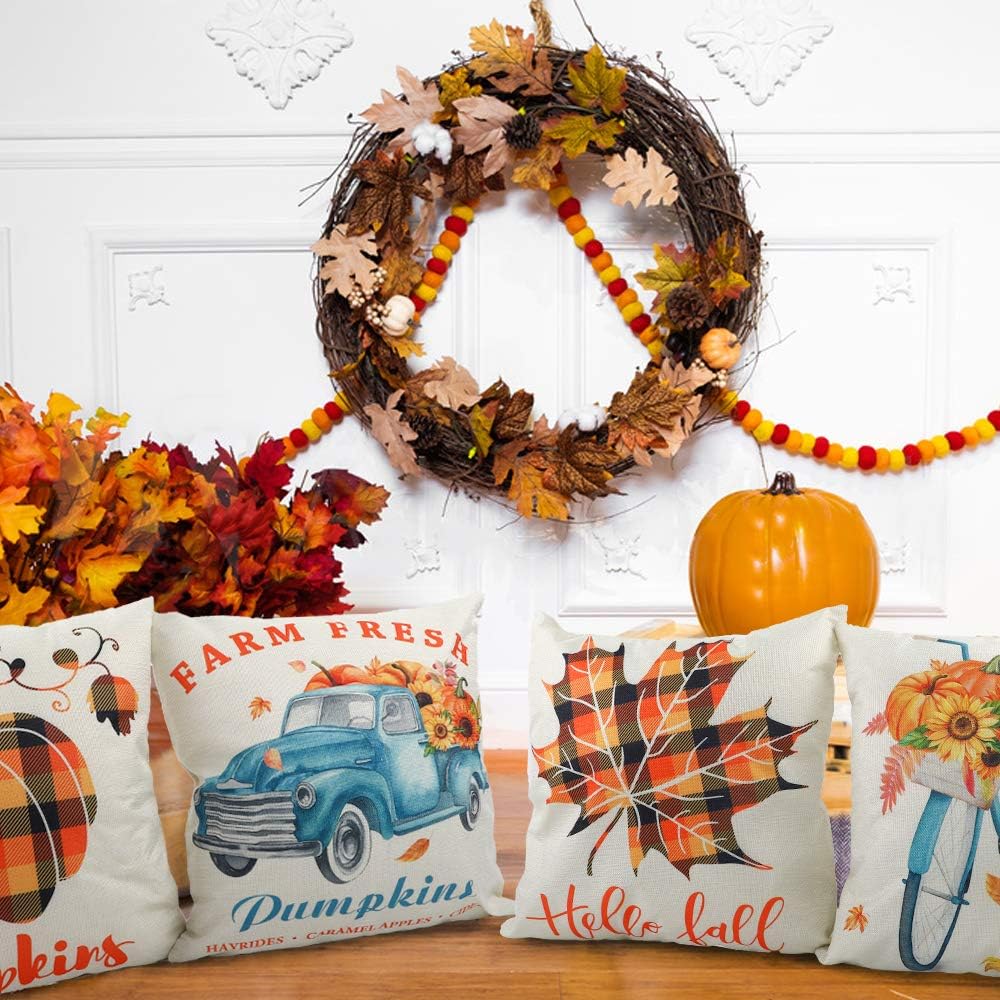 CDWERD Fall Pillow Covers 18x18Inches Pumpkin Buffalo Check Plaid Throw Pillowcase Fall Decorations Farmhouse Thanksgiving Cushion Case for Home Decor Set of 4
