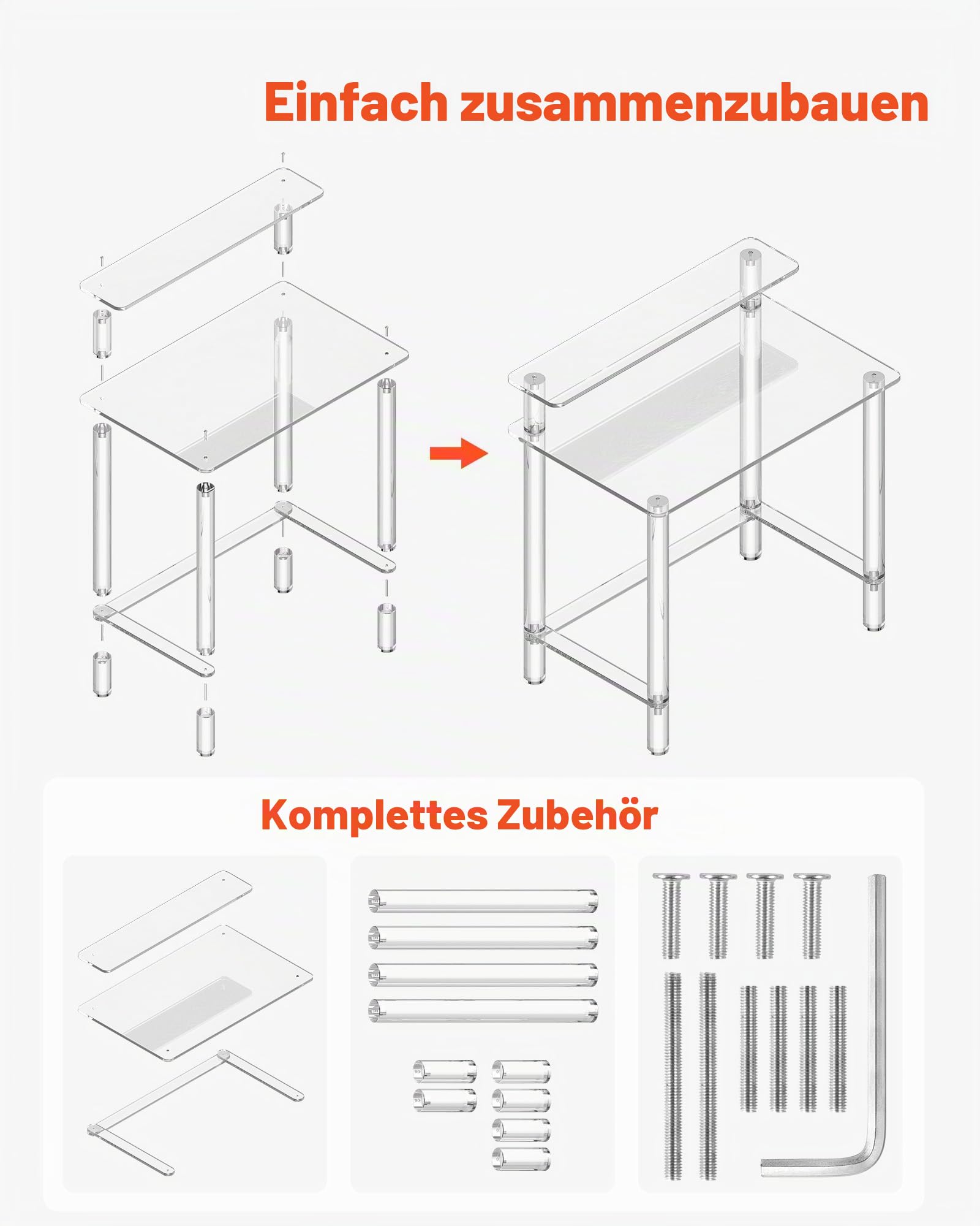VEVOR Acryltisch Computertisch 2-stufiger Bürotisch mit Monitorständer, moderner Schreibtisch (60 kg belastbar) für Schlafzimmer Büro Arbeitszimmer Garderobe, 50 x 80 x 88 cm (transparent)