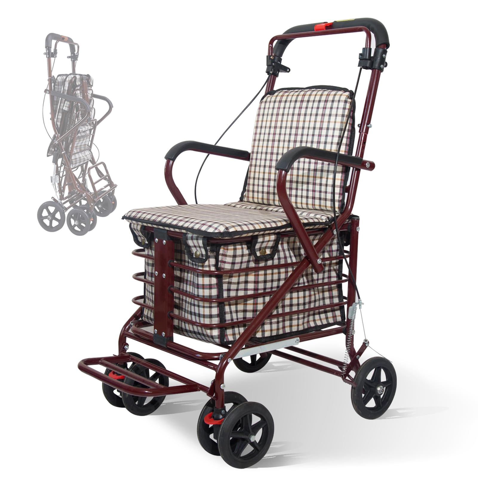 Heavy Duty Folding Grocery Cart with Seat and Wheels for Seniors, Collapsible Rolling Shopping Cart with Large Basket, Portable Metal Utility Cart for Home, Laundry, and Supermarket Use (red)