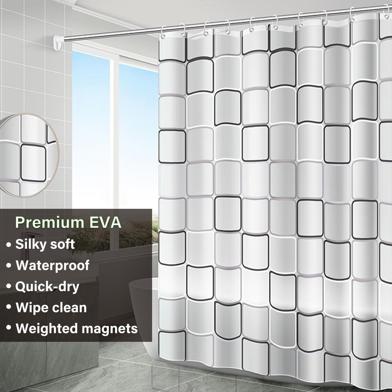 Plastic Shower Liner - Premium EVA 5G Shower Curtain Liner with Rustproof Grommets and 3 Weighted Magnets, Waterproof Shower Curtain for Bathroom(Classic Square, 72”*72”)
