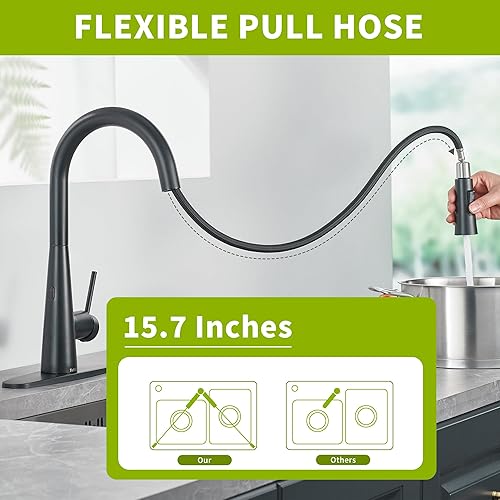 Miniatura 5 de Tohlar Grifo de cocina negro sin contacto con rociador extraíble, grifo de cocina con sensor de acero inoxidable para fregadero de 3 agujeros