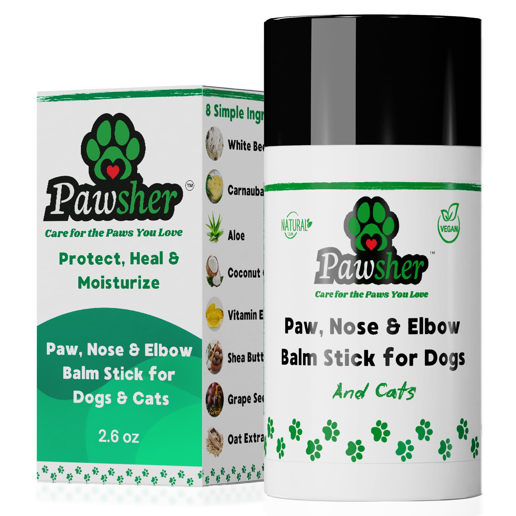 Pawsher Dog Paw Balm for Dogs & Cats – Elbows, Nose and Paw Protector – Only 8 Vegan Ingredients, All-Weather Protector, Dog Nose Balm (2.6 oz)