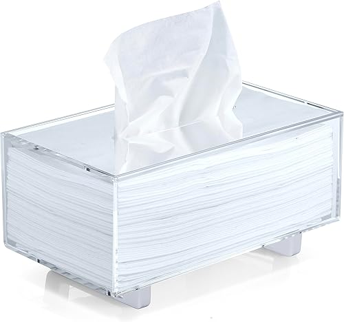 YoBa Soporte de caja de pañuelos acrílico grueso Dispensador de caja de pañuelos rectangular con patas de aluminio plateadas en plata para baño,