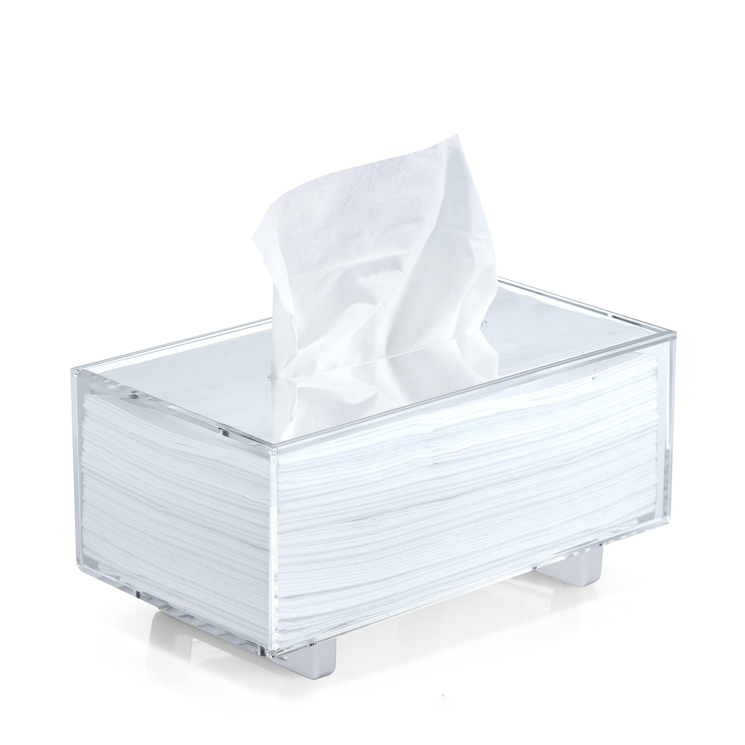 YoBa Thick Acrylic Tissue Box Holder Rectangular Tissue Box Dispenser with Silver Plated Aluminum Legs for Bathroom, Kitchen, Bedroom, Office and Restaurant (Rectangle, Clear (Silver Legs))
