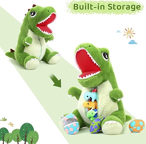 Miniatura 3 de MaoGoLan 7 piezas de animales de peluche de dinosaurio para niños, 20 pulgadas de peluche de dinosaurio verde gigante con bebés en el interior,