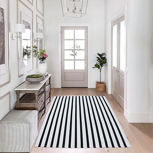 Miniatura 6 de Alfombra para exteriores color blanco y negro de 3 x 5 pies, alfombra a rayas para porche delantero tejida a mano, de algodón, lavable a máquina,