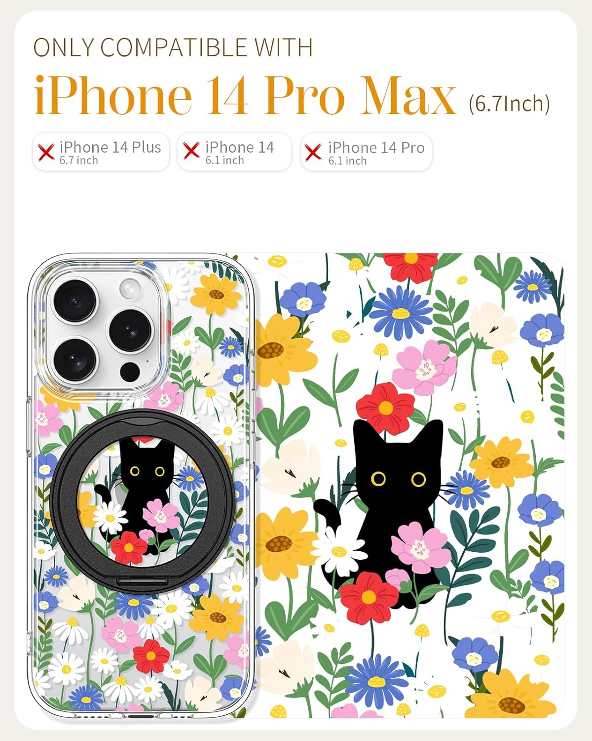 Loheckle for iPhone 14 Pro Max Case with Stand- Compatible with MagSafe Women Girls Cute Clear Aesthetic Unique Design Soft TPU Magnetic Ring Phone Cover for Apple 14 Promax, Cat Flower - Image 2