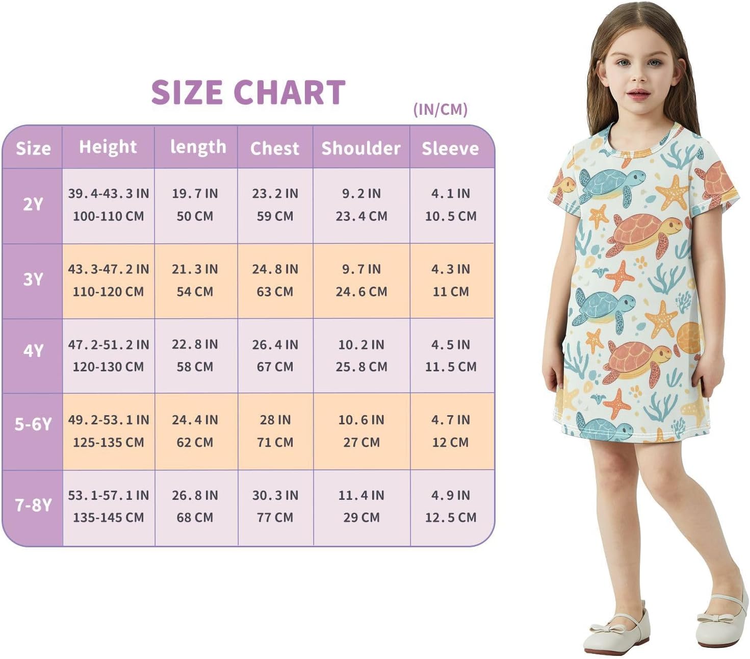 Turtles Girls Dresses Summer Dresses for Girls with Cotton Short Sleeves for Casual a Line Dress Size 2-8Y