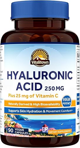 Vitalitown Suplementos de ácido hialurónico de 250 mg, más 25 mg de vitamina C, derivado naturalmente y alta biodisponibilidad, hidratación de la