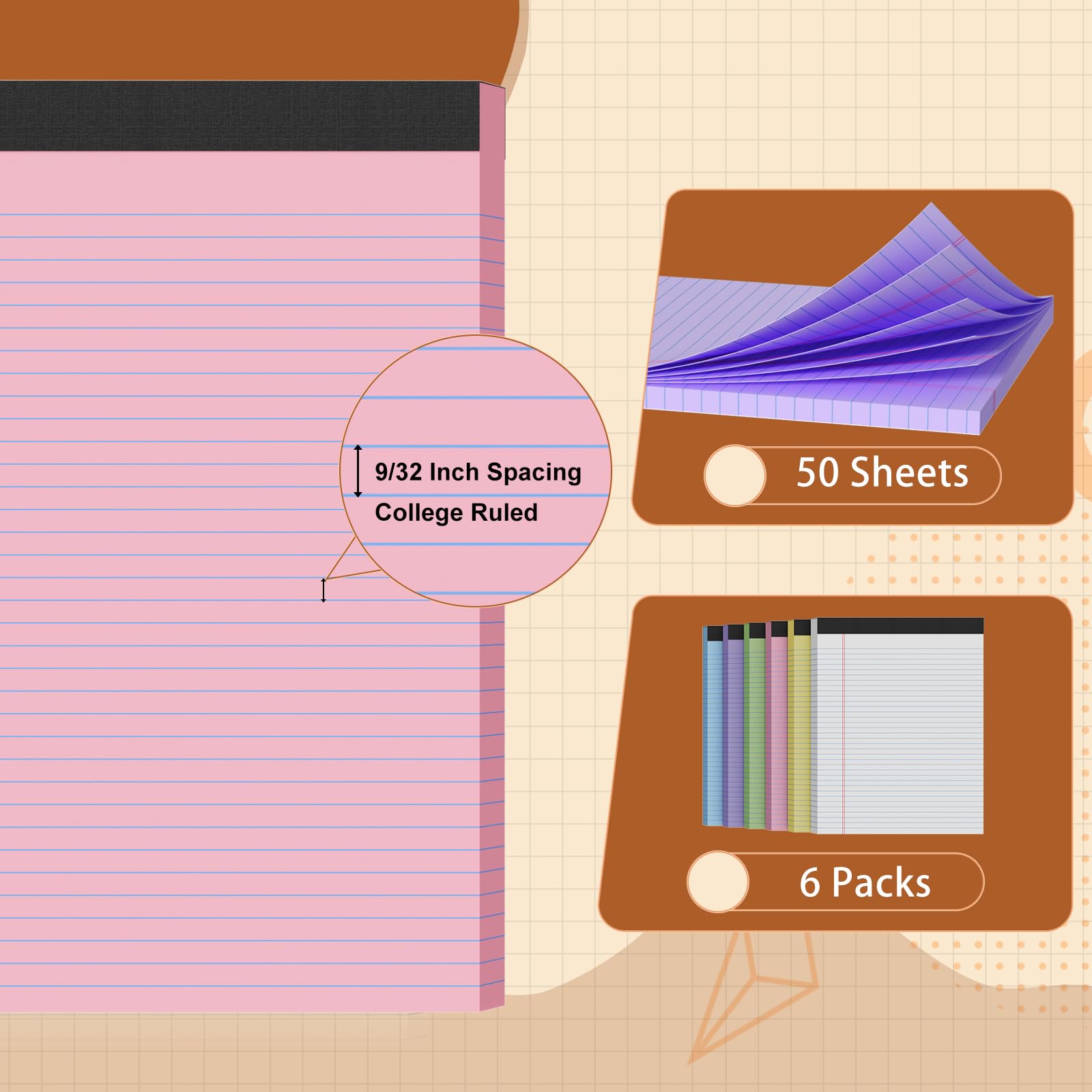 Confezione da 6 blocchi legali da 20,5 x 21 cm, quaderno a righe universitarie, 300 fogli gialli, blocchi per appunti da 8,5 x 11 cm, blocco note a strappo, carta a righe, carta per notebook per