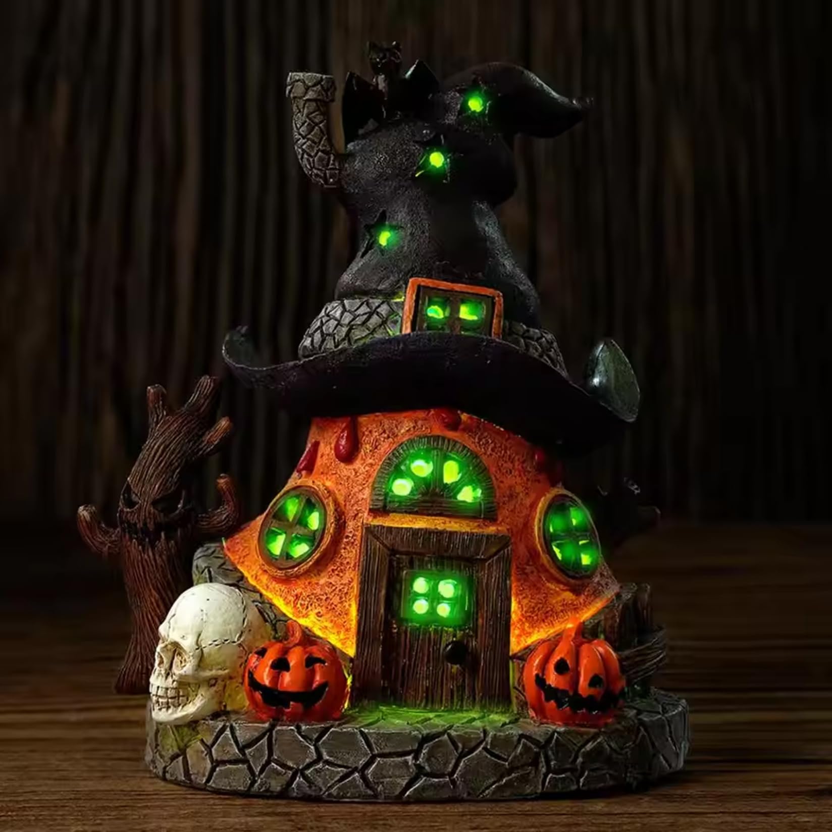 CAKEEYUM Halloween Village, Resin Halloween Village Houses with LED Lights, Spooky Town Haunted House for Home and Party Table Desk Mantel, 5.1x3.5x6.2in