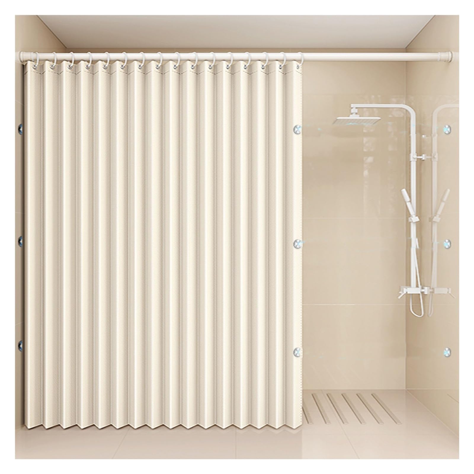Rideau de Douche Pliable avec Tige Télescopique Tissu en Lin Multifonctionnel-Imperméable-Anti Moisissure Rideau Douche Magnétique sans Perçage(Blanc,W 80 x H 180 CM)