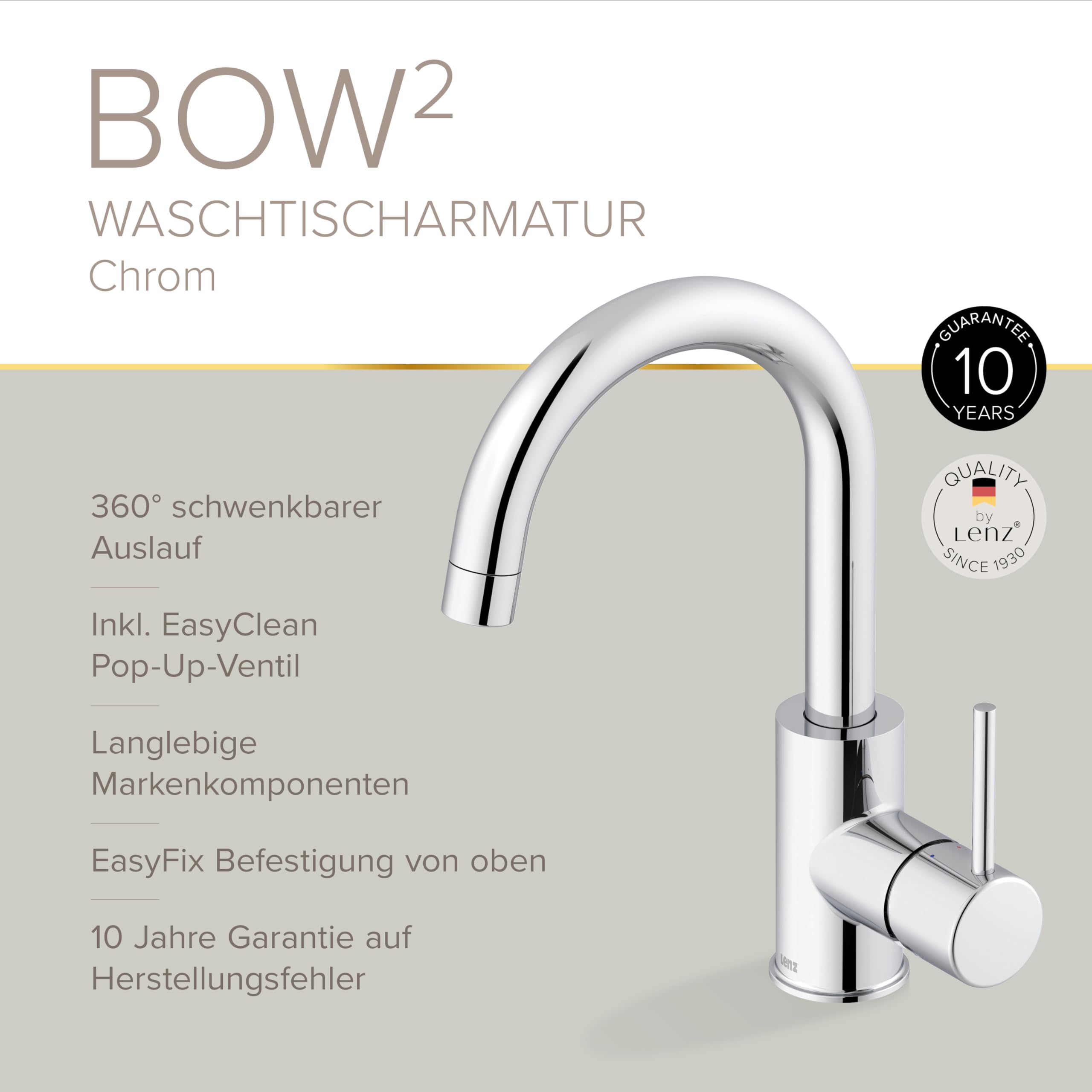 Lenz Waschtischarmatur Bow² in Chrom – 360° schwenkbarer Bogenauslauf – Mit EasyClean Pop-Up Ventil – EasyFix Befestigung von oben – Hochwertige & pflegeleichte Oberfläche – 46010202 | Badarmatur mit Anti-Kalk Markenmischdüse, Keramikkartusche, Befestigun
